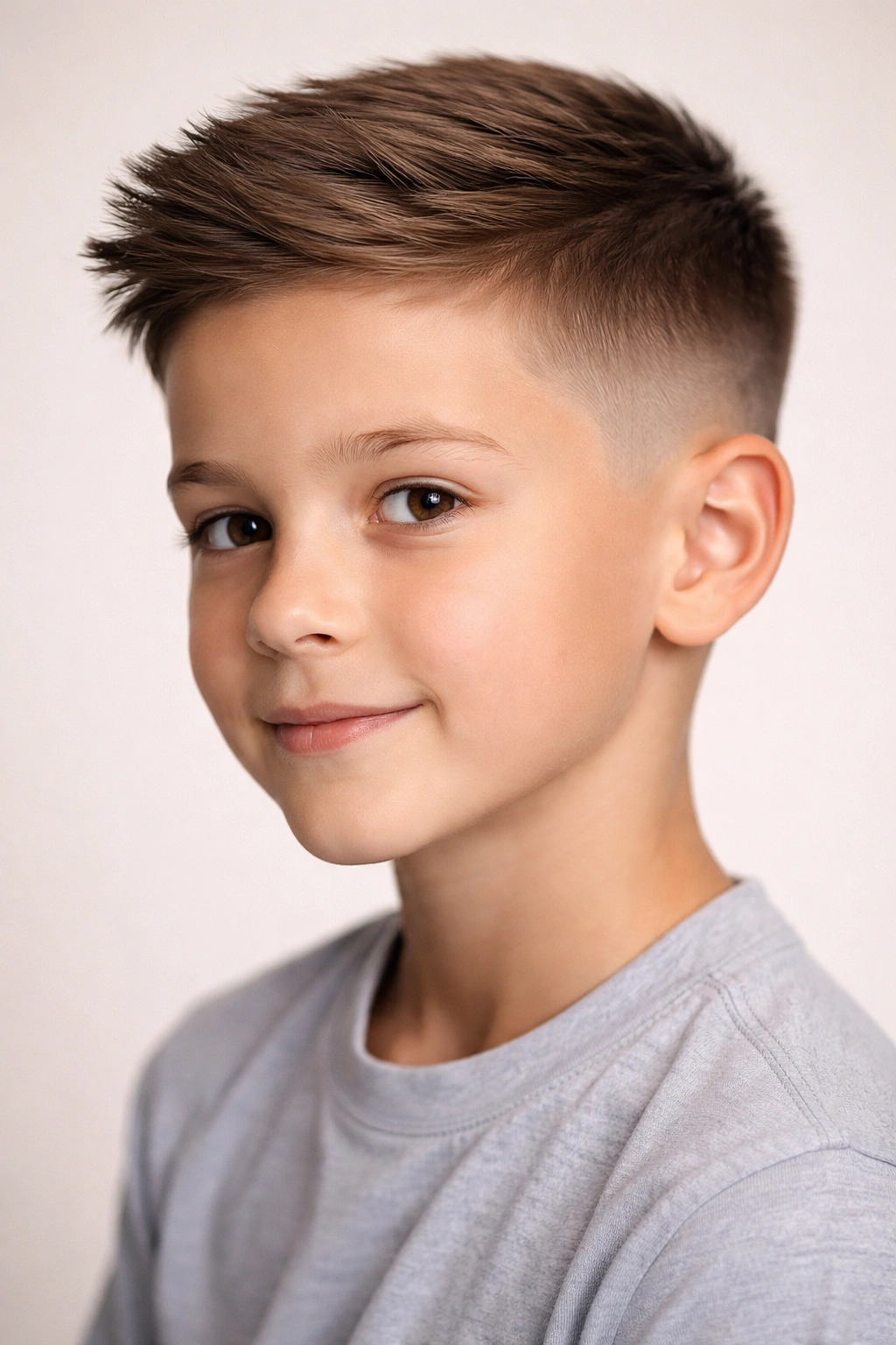 Close-up of a boy with a low taper fade and a longer top.