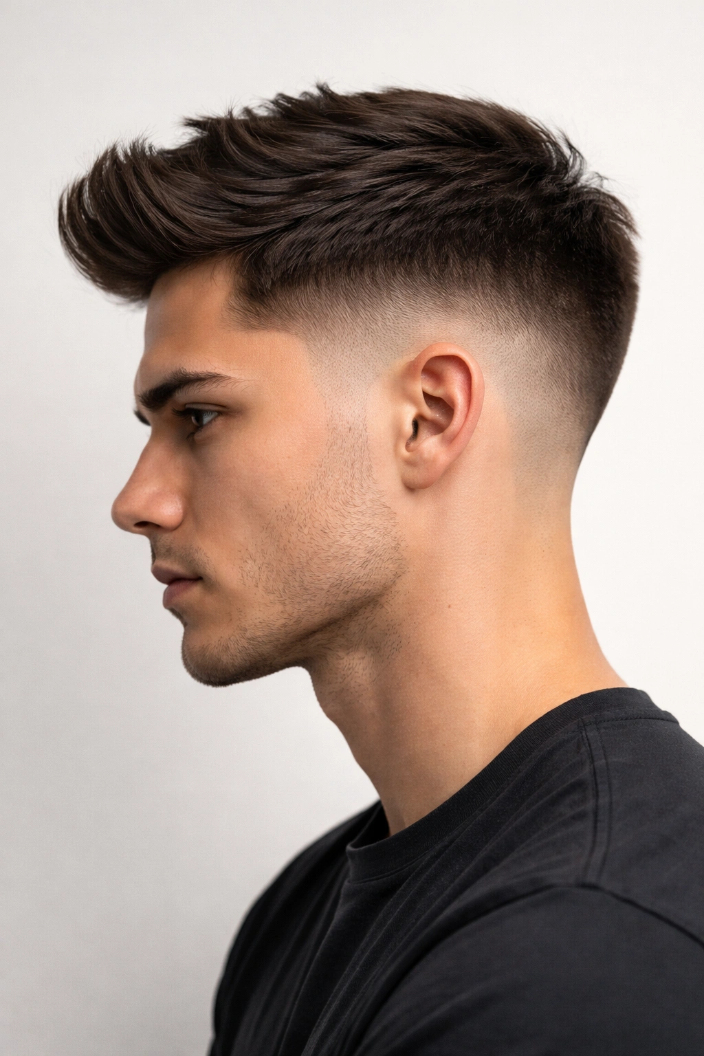 Low taper fade hairstyle with subtle transition and styled top