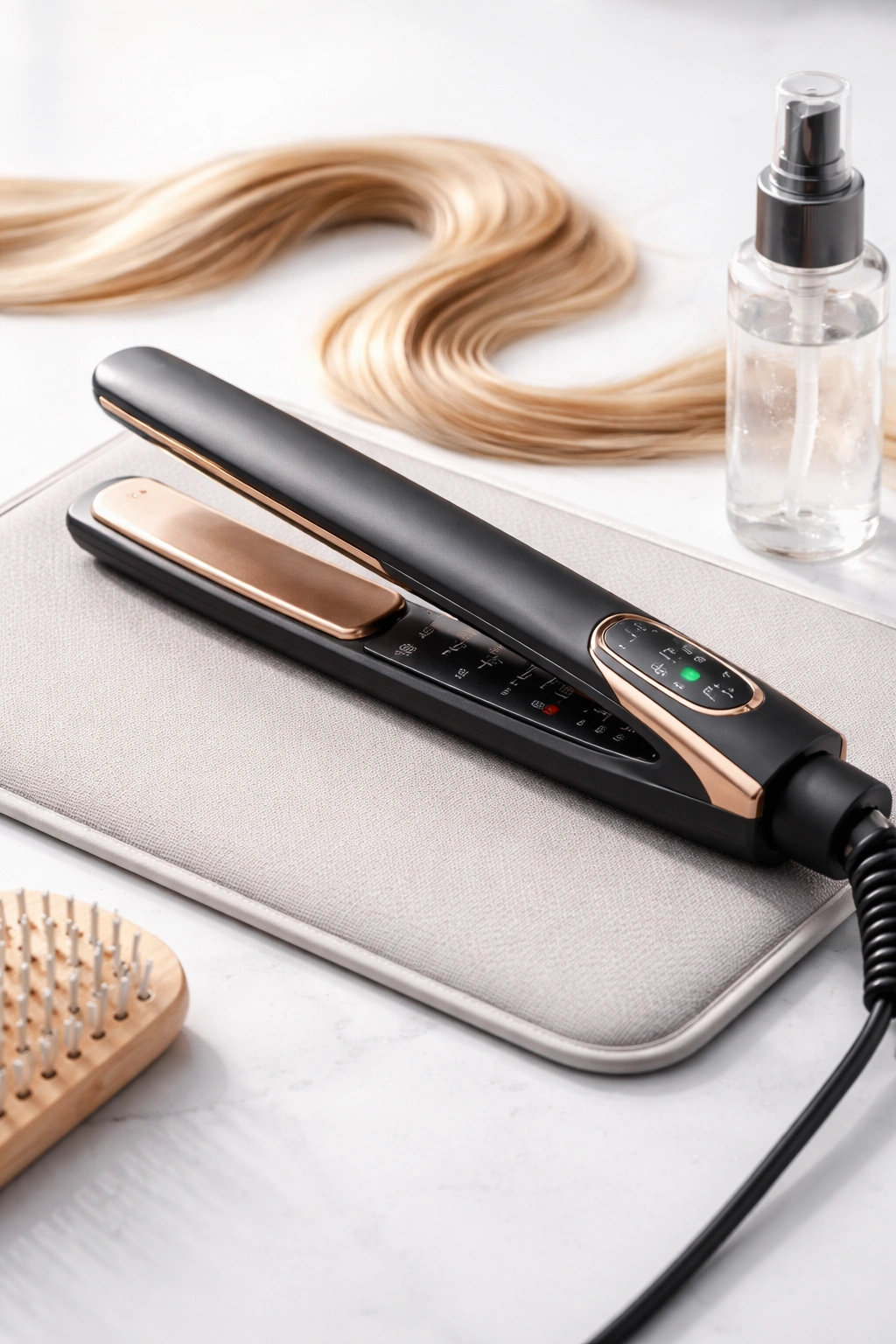 Hair straightener with a low-temperature setting on a clean surface