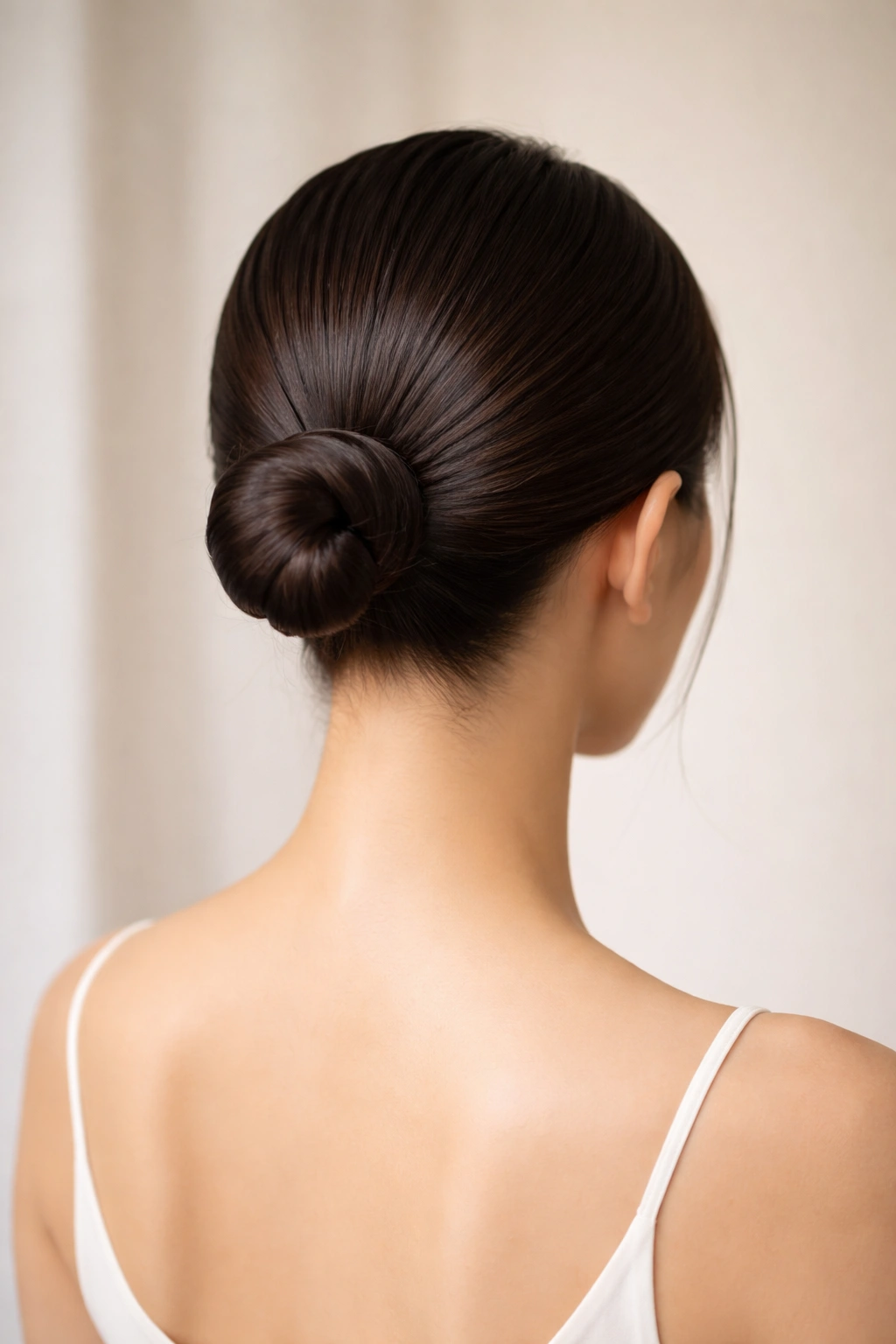 Polished low topknot at the nape with smooth hair