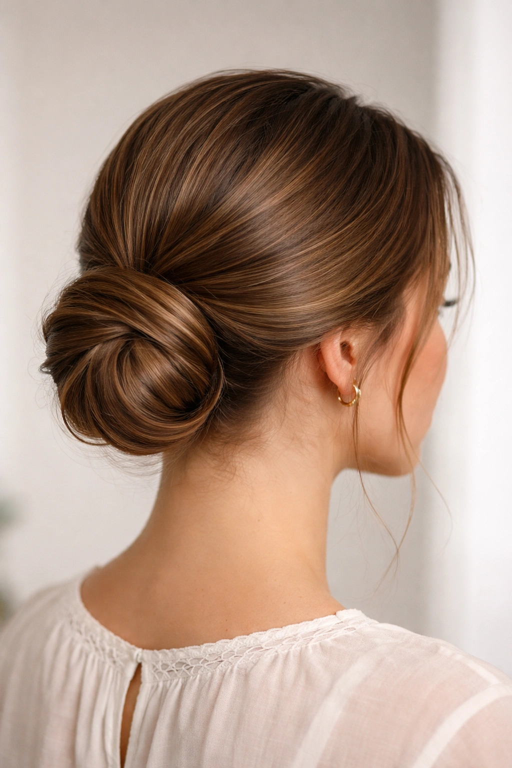 Low twisted bun at the nape with textured wrap
