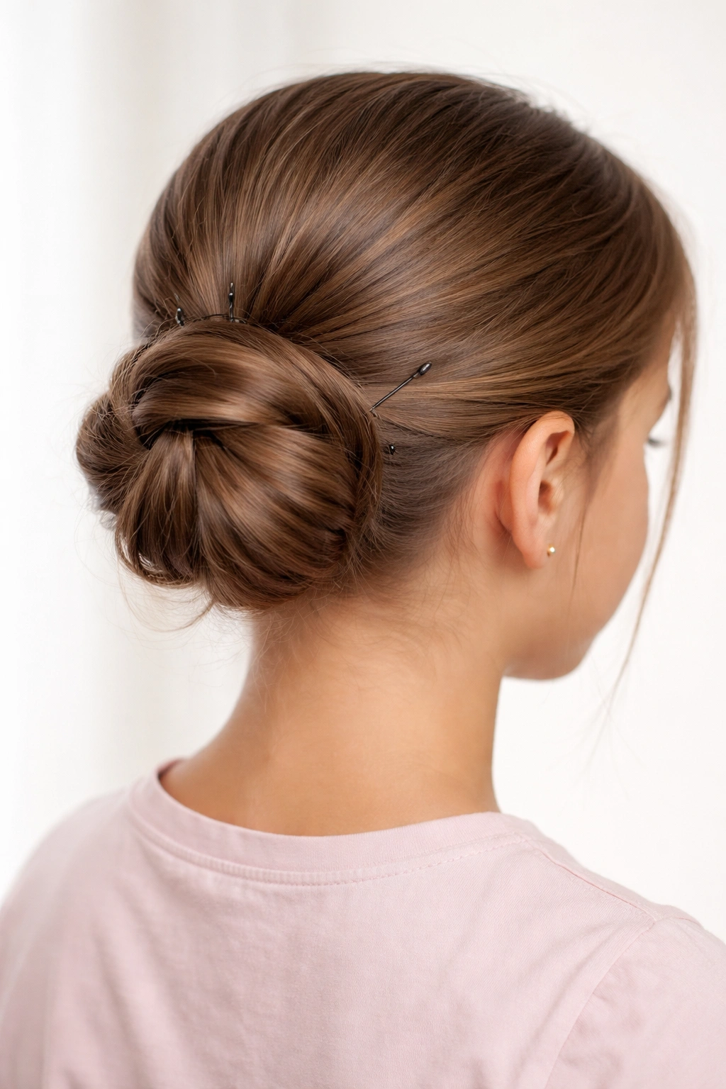 Close-up of a low twisted bun at the nape of the neck for a school-ready hairstyle