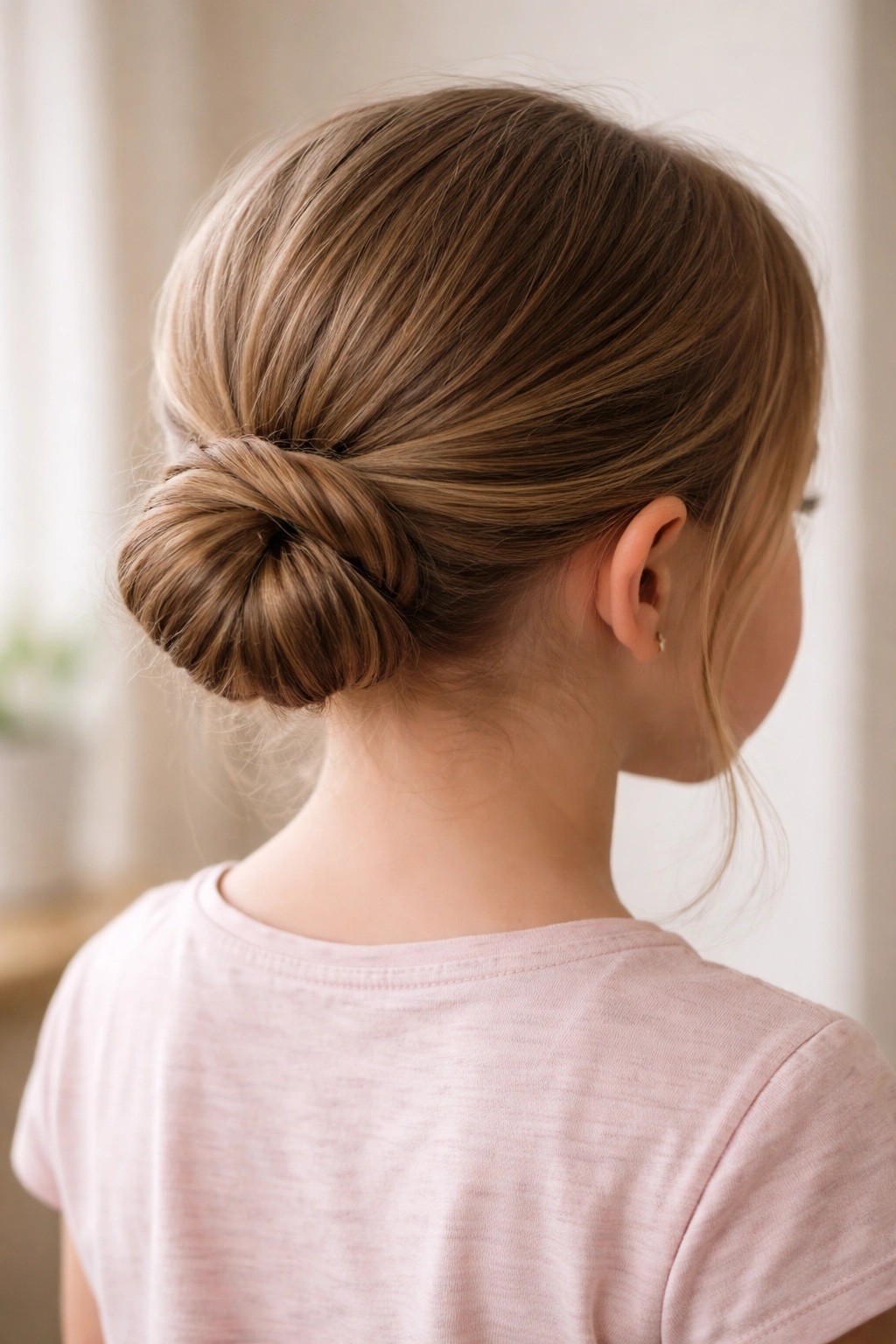 Close-up of a child with a low twisted bun at the nape