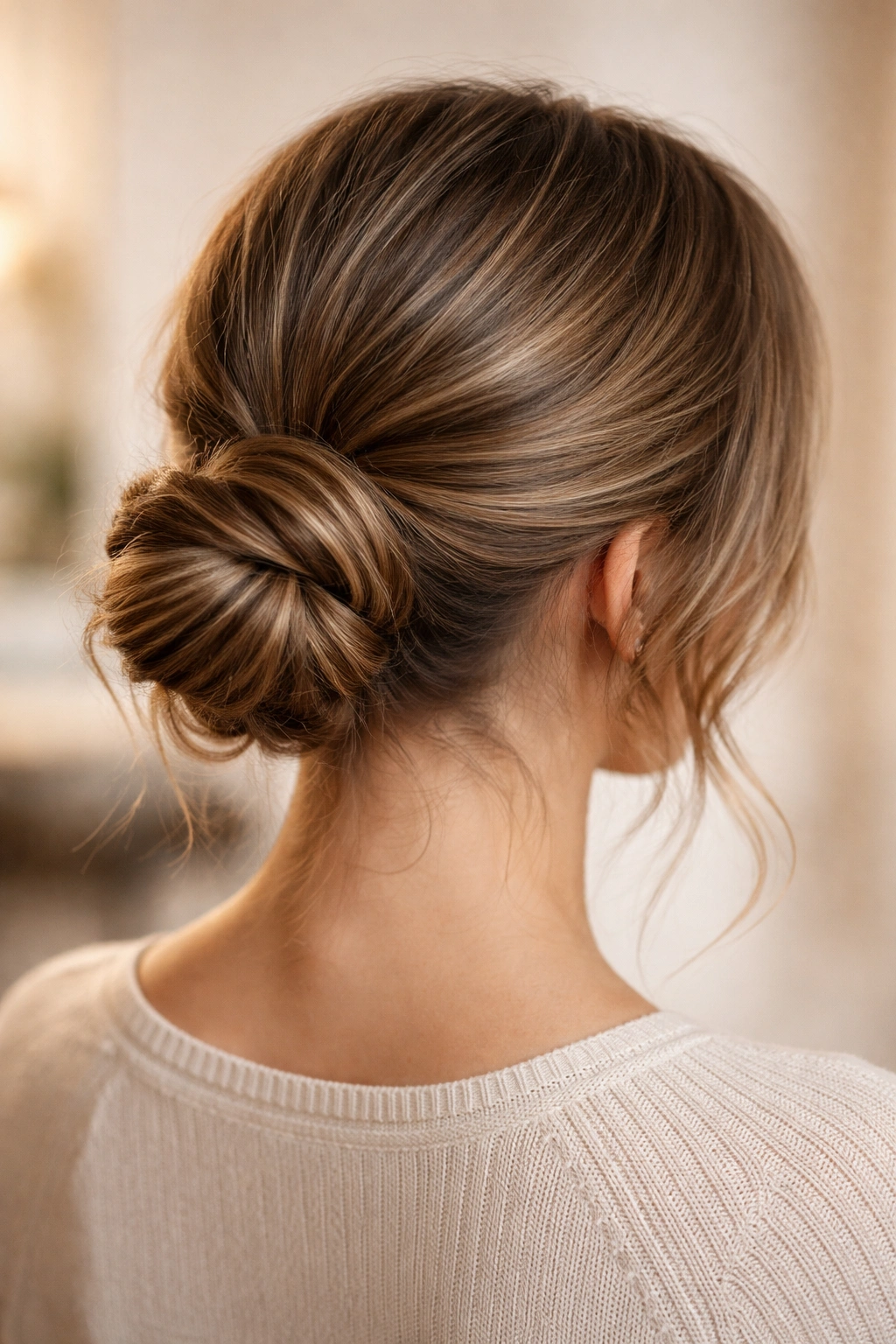 Low twisted bun at nape of neck with layered ends peeking out