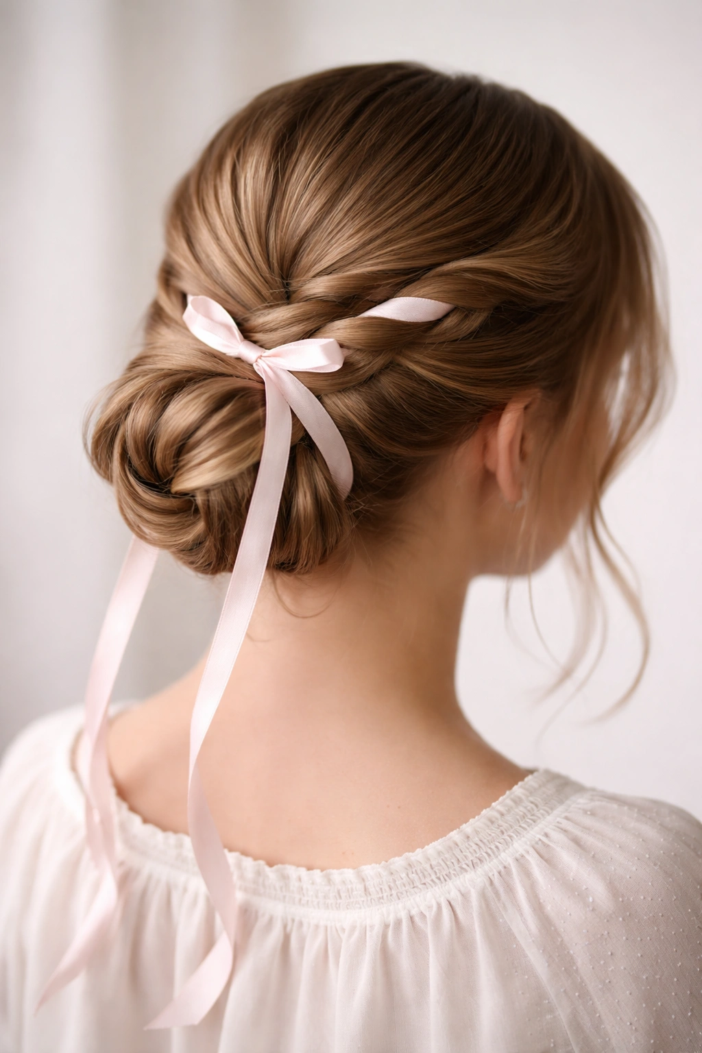 Low twisted bun with ribbon woven through