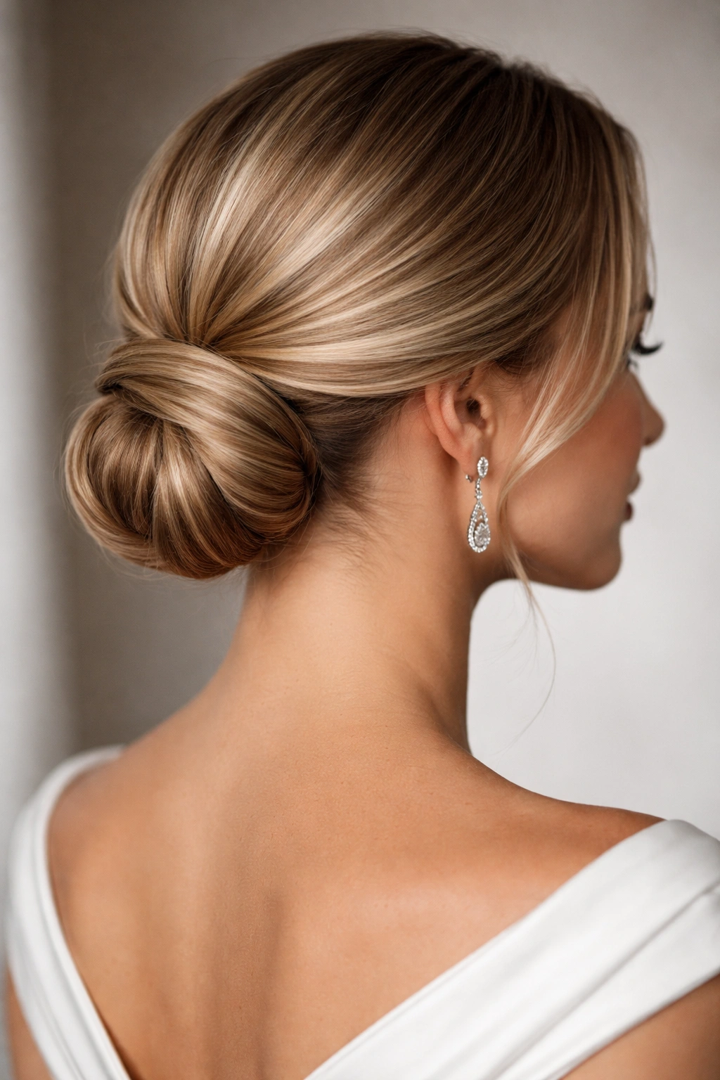 Low twisted bun with secure, polished knot at the nape