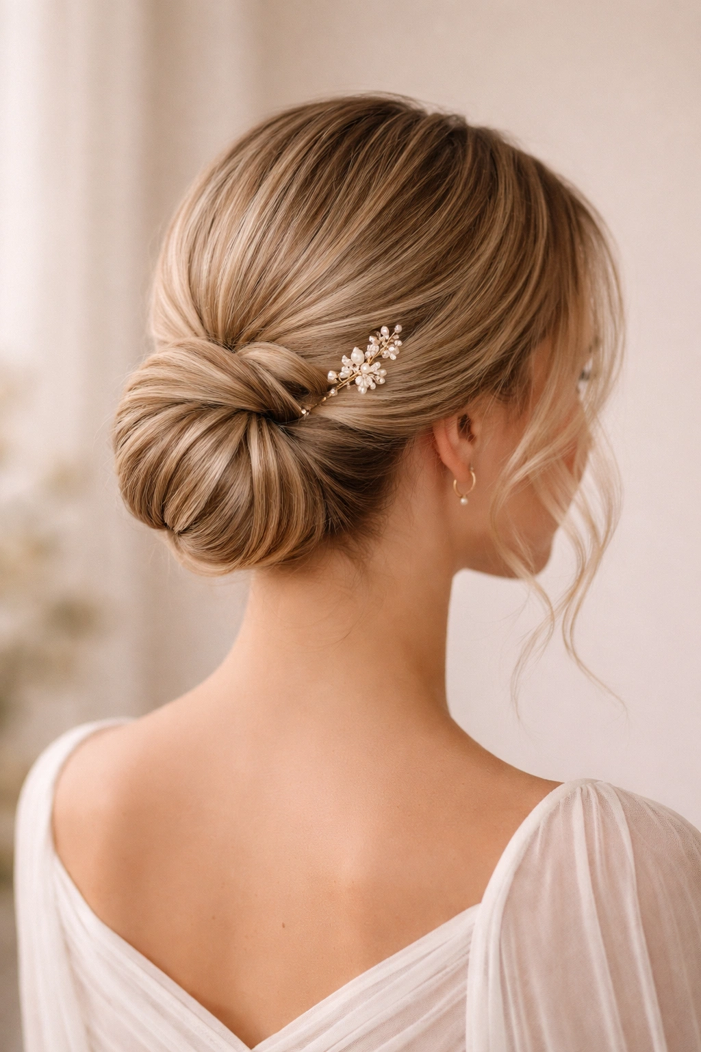 Low twisted chignon with subtle face-framing pieces