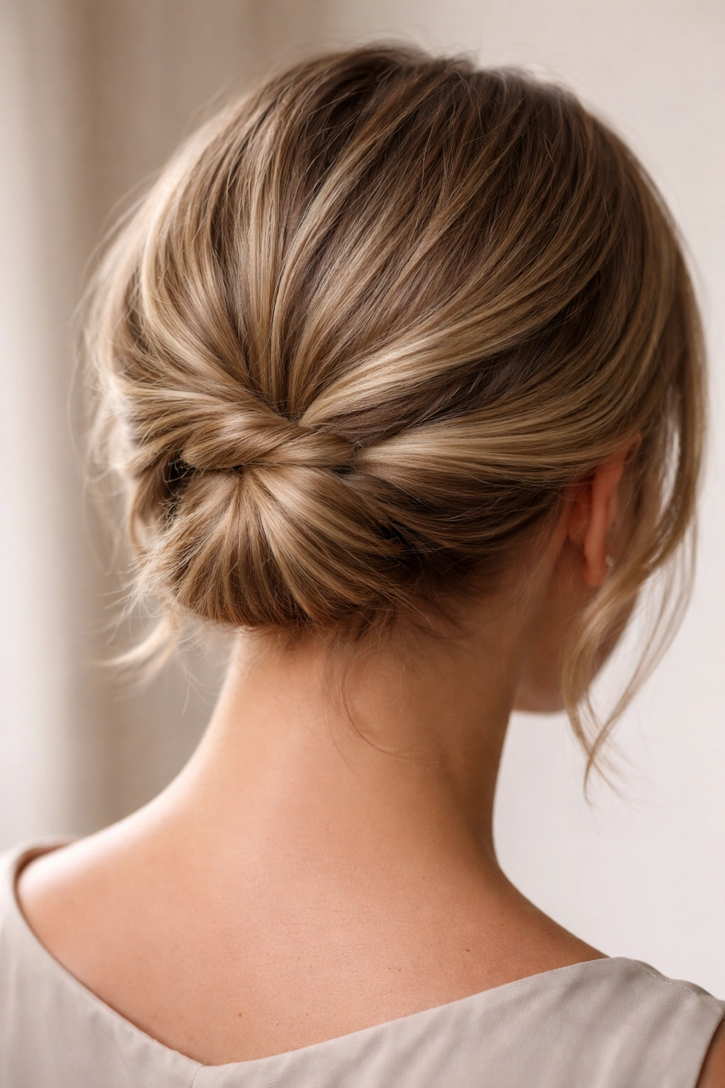 15 Easy Updos That Actually Work On Short Hair 3 Close-up of a low twisted knot at the nape of the neck on short hair