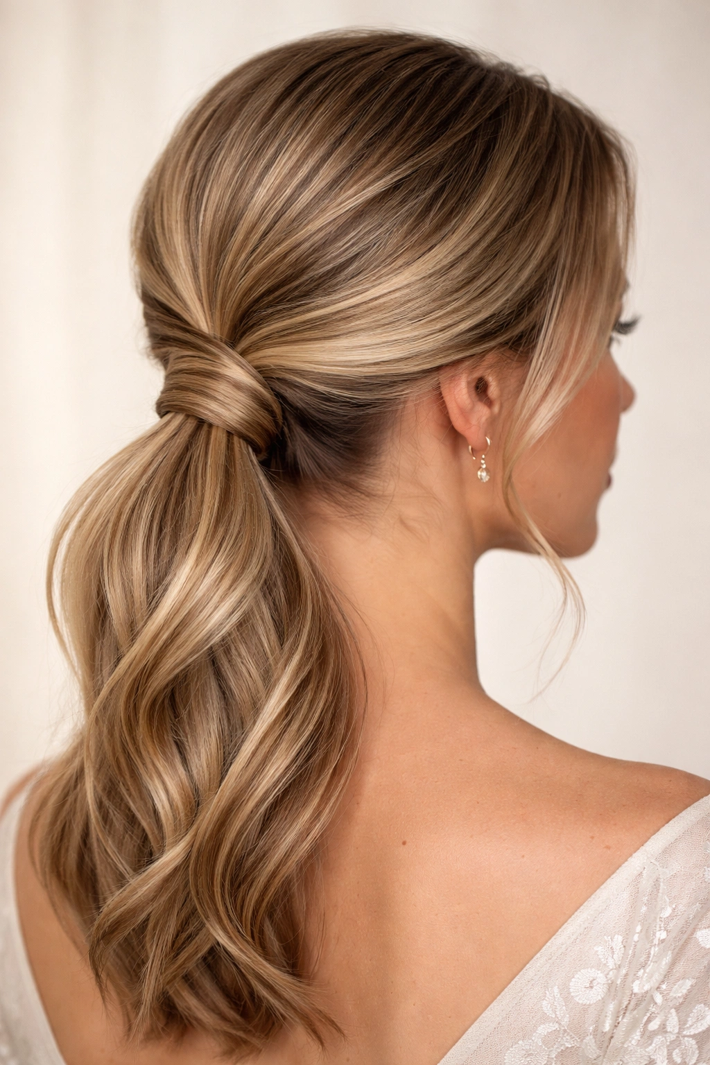 Close-up of a low twisted ponytail with crisscross twists at the nape