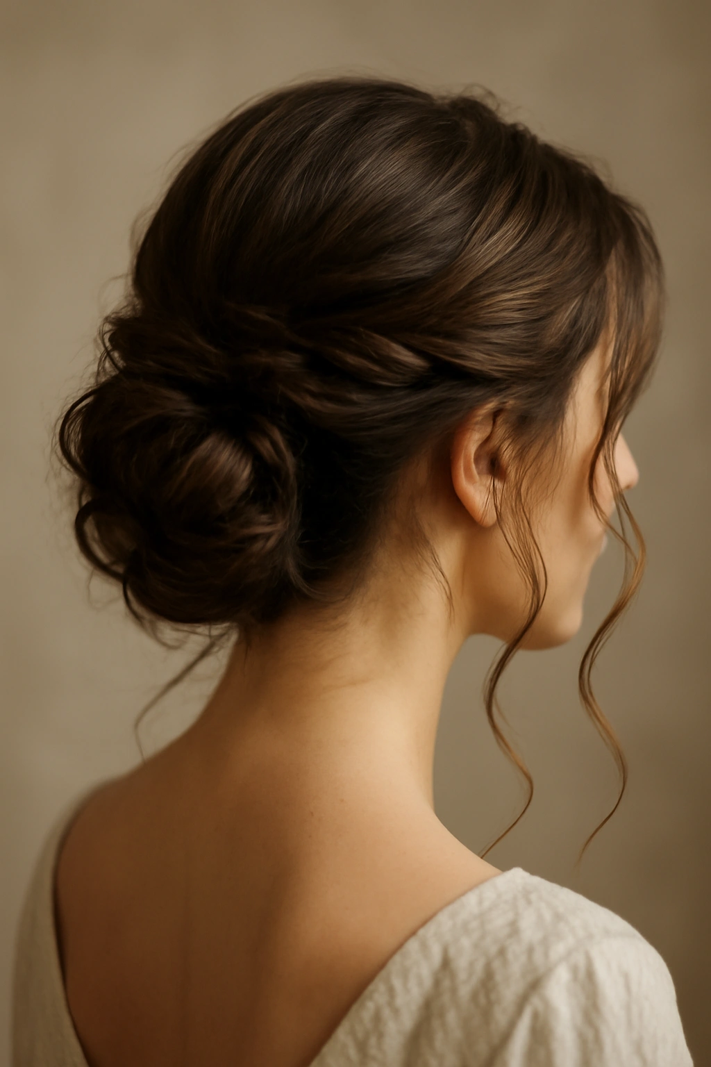 Low twisted updo with tendrils framing the face