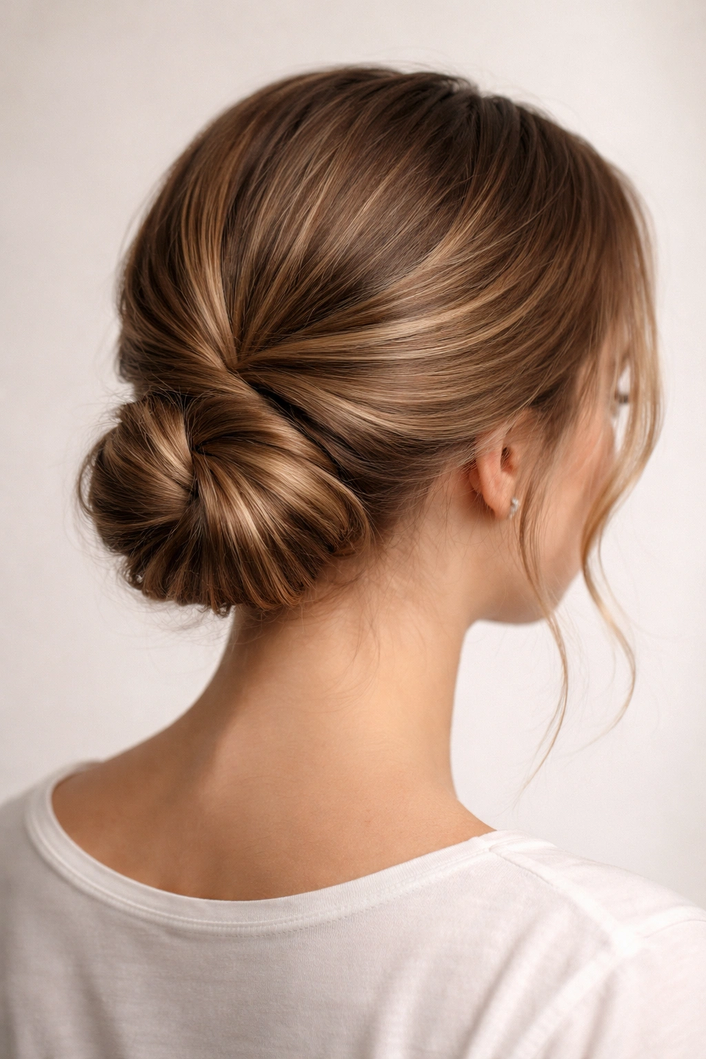 Low twisted bun from rear showing twists and pins