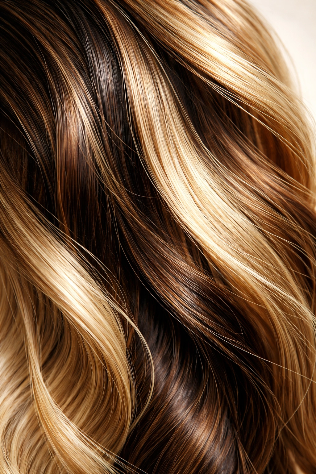 Hair strand showing dark lowlights and light highlights for dimensional contrast