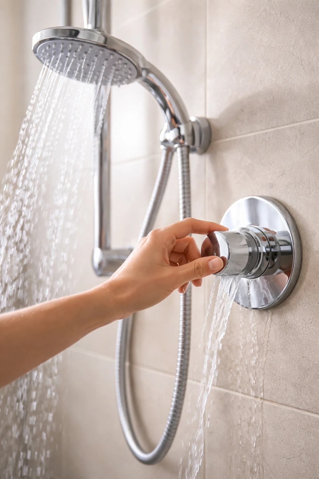 Close-up of a hand turning a shower faucet to lukewarm water in a clean bathroom