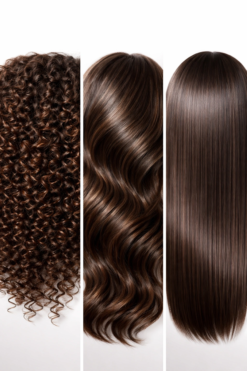 Three hair textures representing curly, wavy, and straight styles.