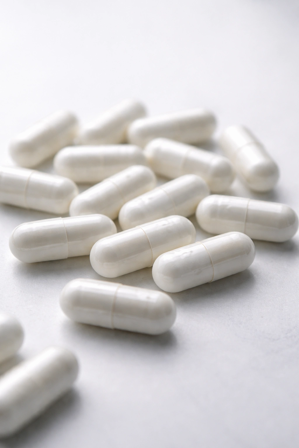 Close-up of glossy white magnesium capsules on a neutral background