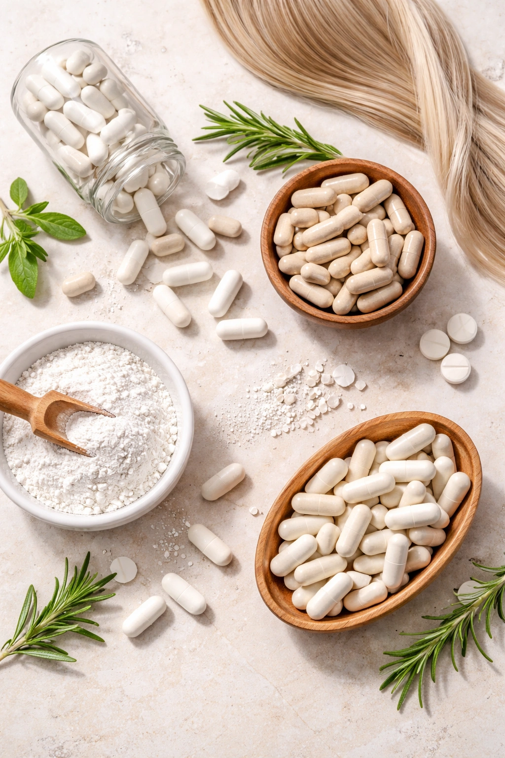Magnesium supplement capsules and powder on a plain surface