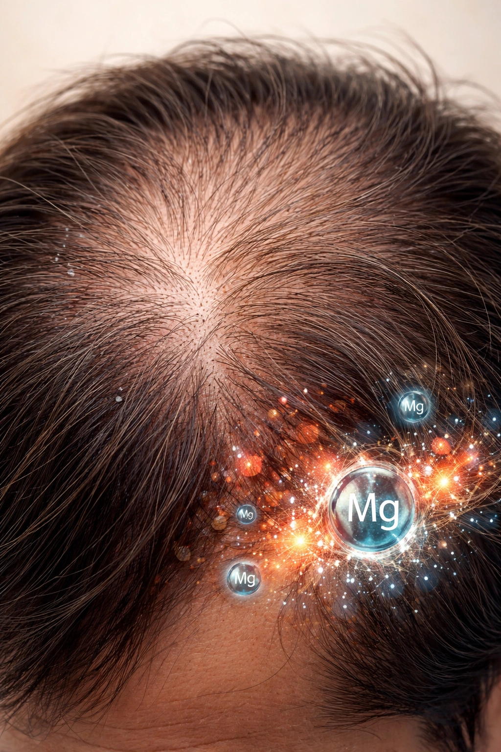 Scalp close-up illustrating hair thinning linked to magnesium deficiency