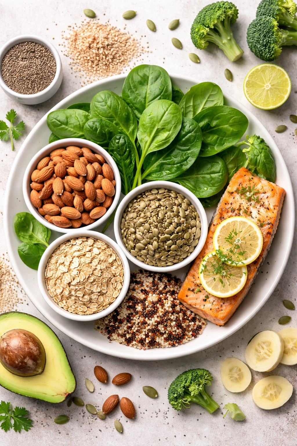 Overhead view of magnesium-rich foods including greens, nuts, and seeds
