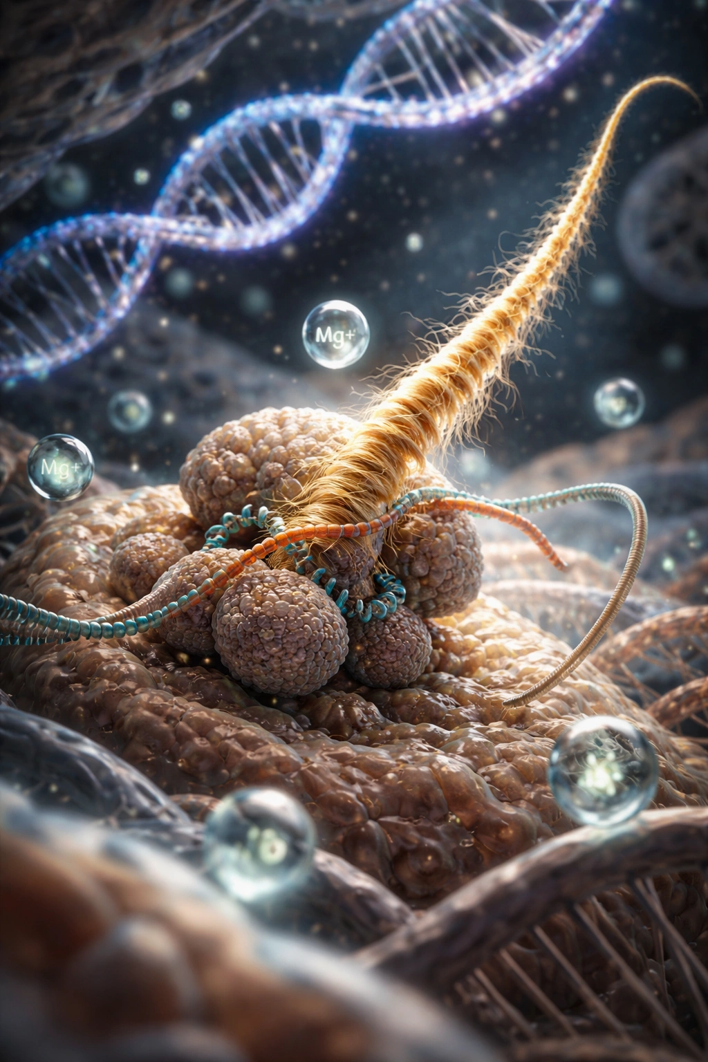 Macro cellular scene showing RNA, DNA, ribosomes and magnesium ions for hair keratin synthesis