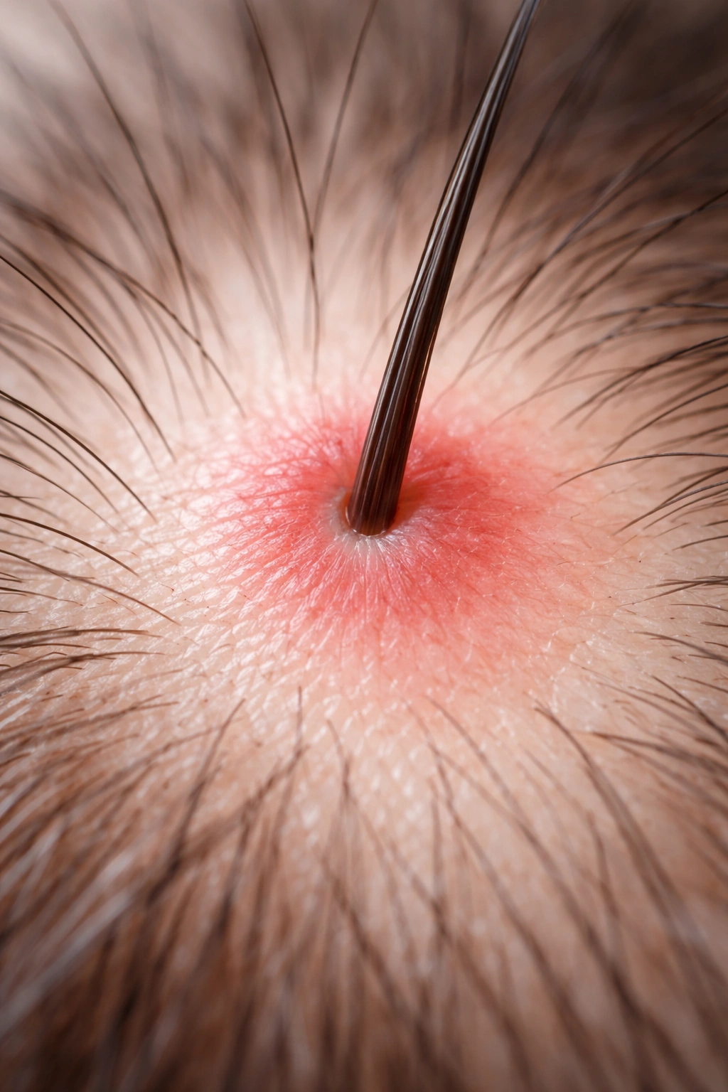 Close-up scalp with a mild irritated area around a follicle