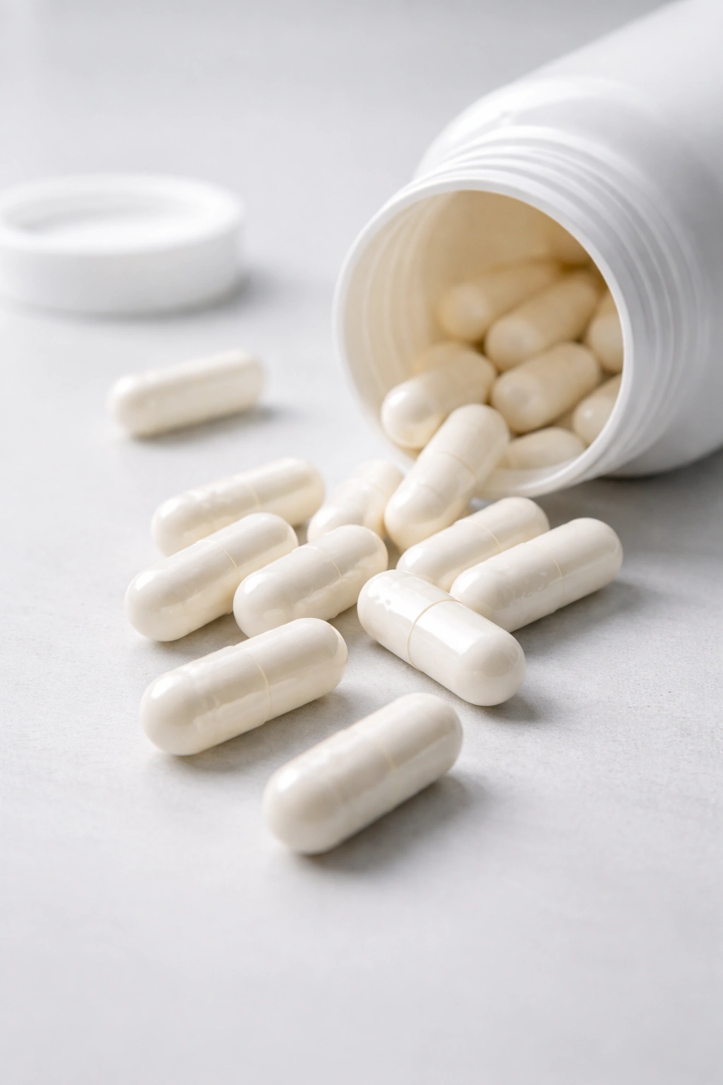 Close-up of magnesium capsules spilling from an unlabelled bottle on a clean surface