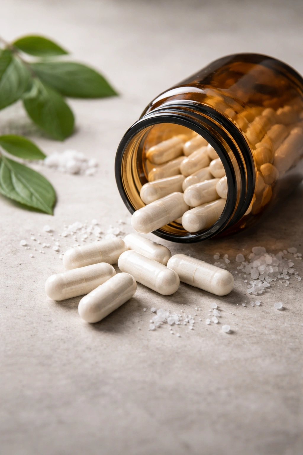 Magnesium capsules in a glass bottle on a neutral background