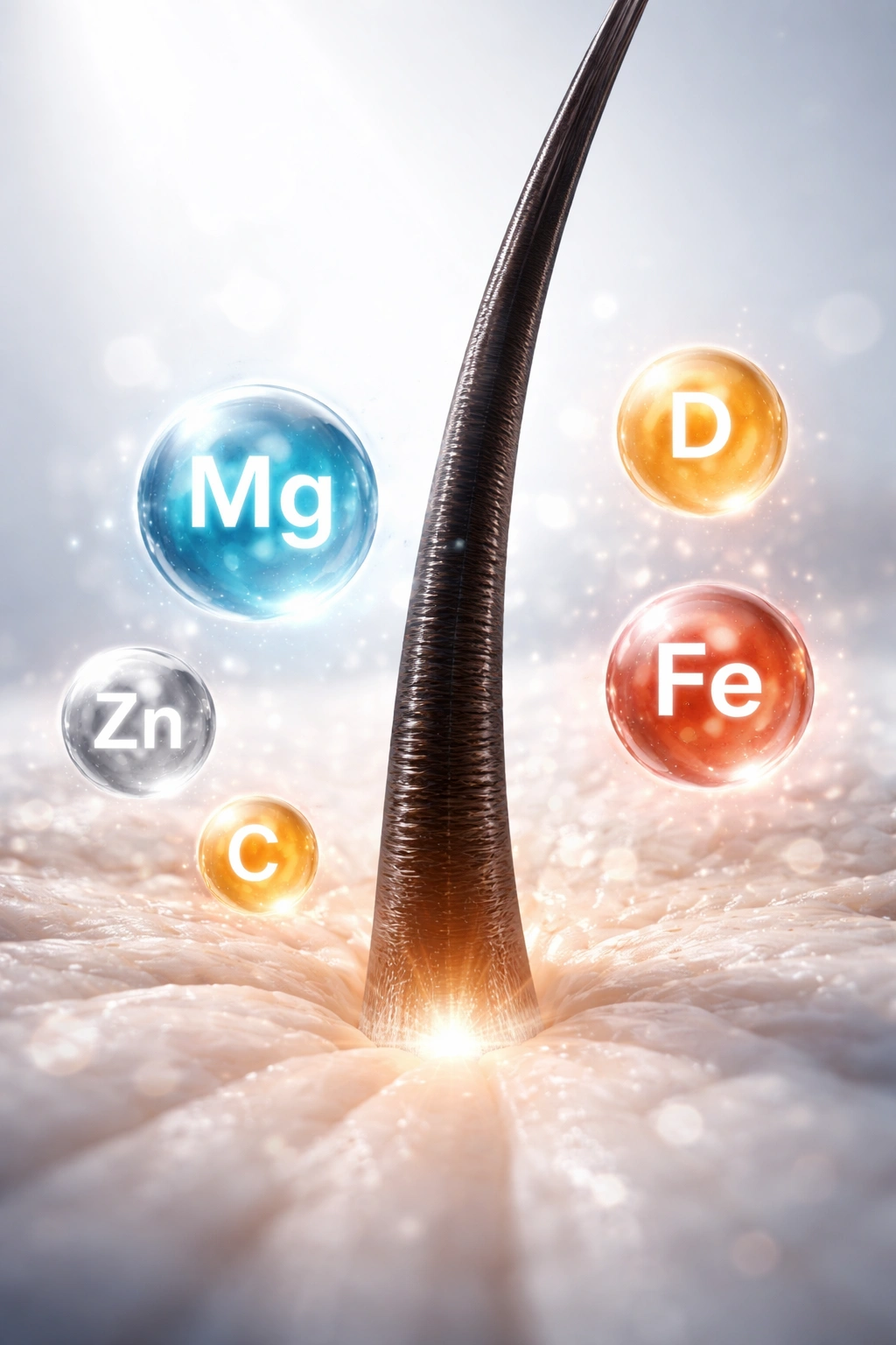 Hair strand surrounded by softly glowing mineral spheres representing nutrients including magnesium