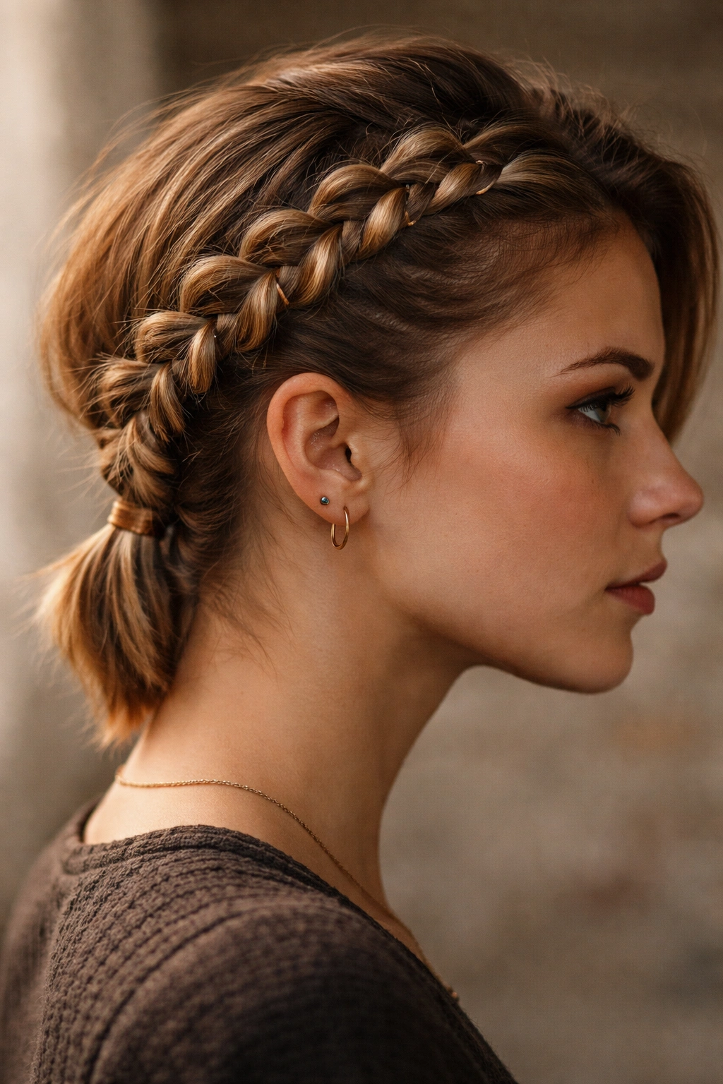 10 Viking Inspired Braids That Work Well On Short Hair 7 Close-up of a short-haired model with a looped Viking braid along the side