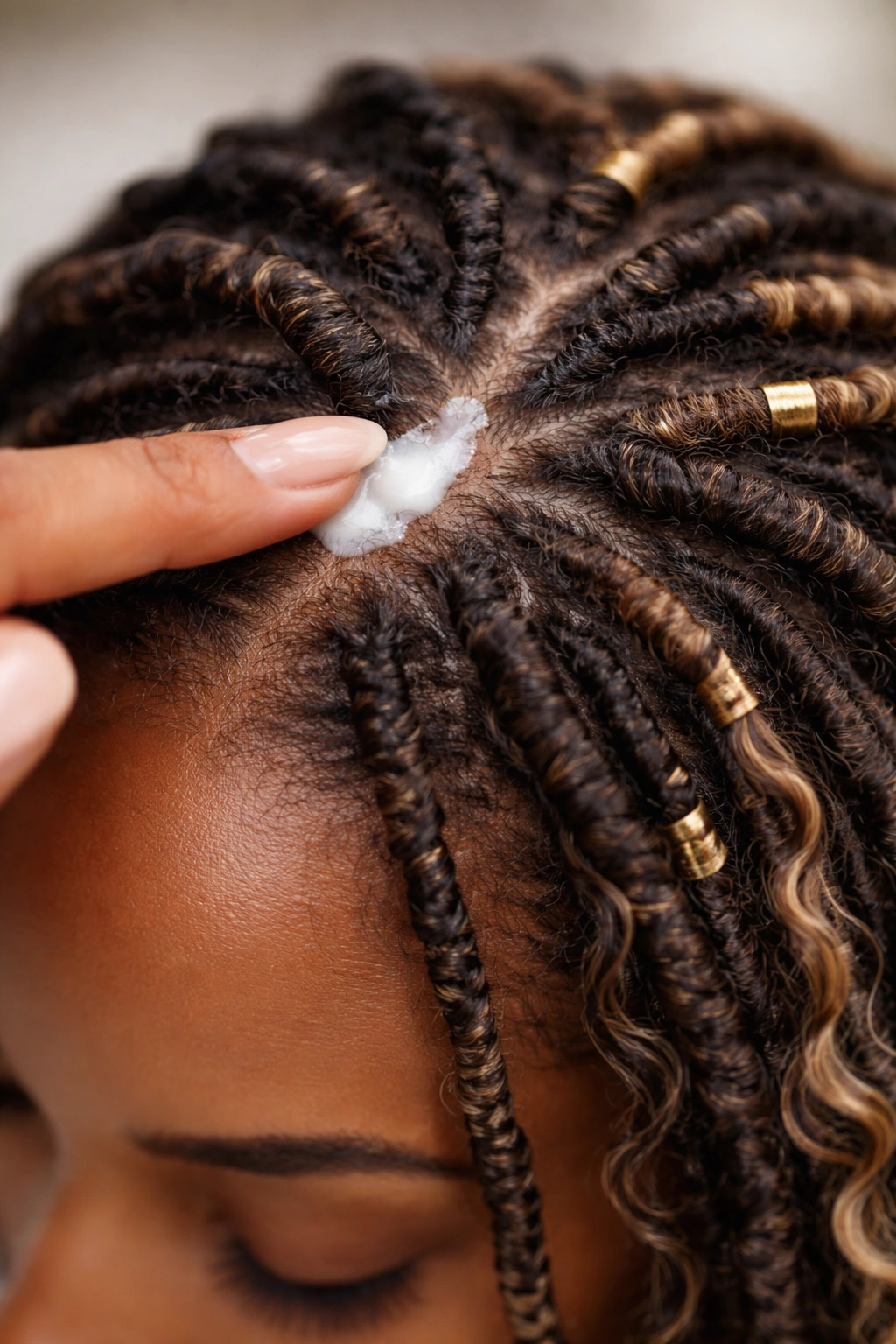 Close-up of scalp with locs being moisturized between styling sessions