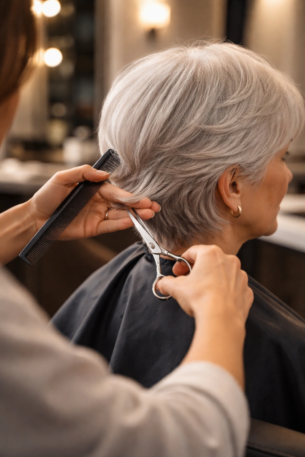 Close-up of a stylist's hands trimming hair with focus on precision