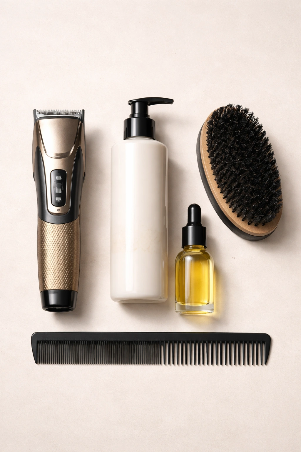 Flat lay of grooming tools for hair maintenance and care