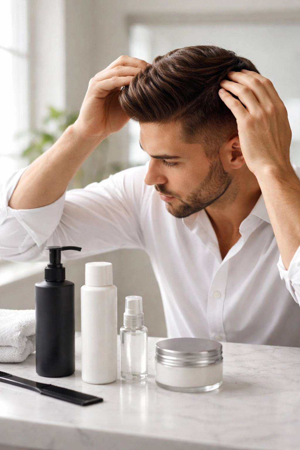 Man styling hair with product in a clean, minimal studio setup