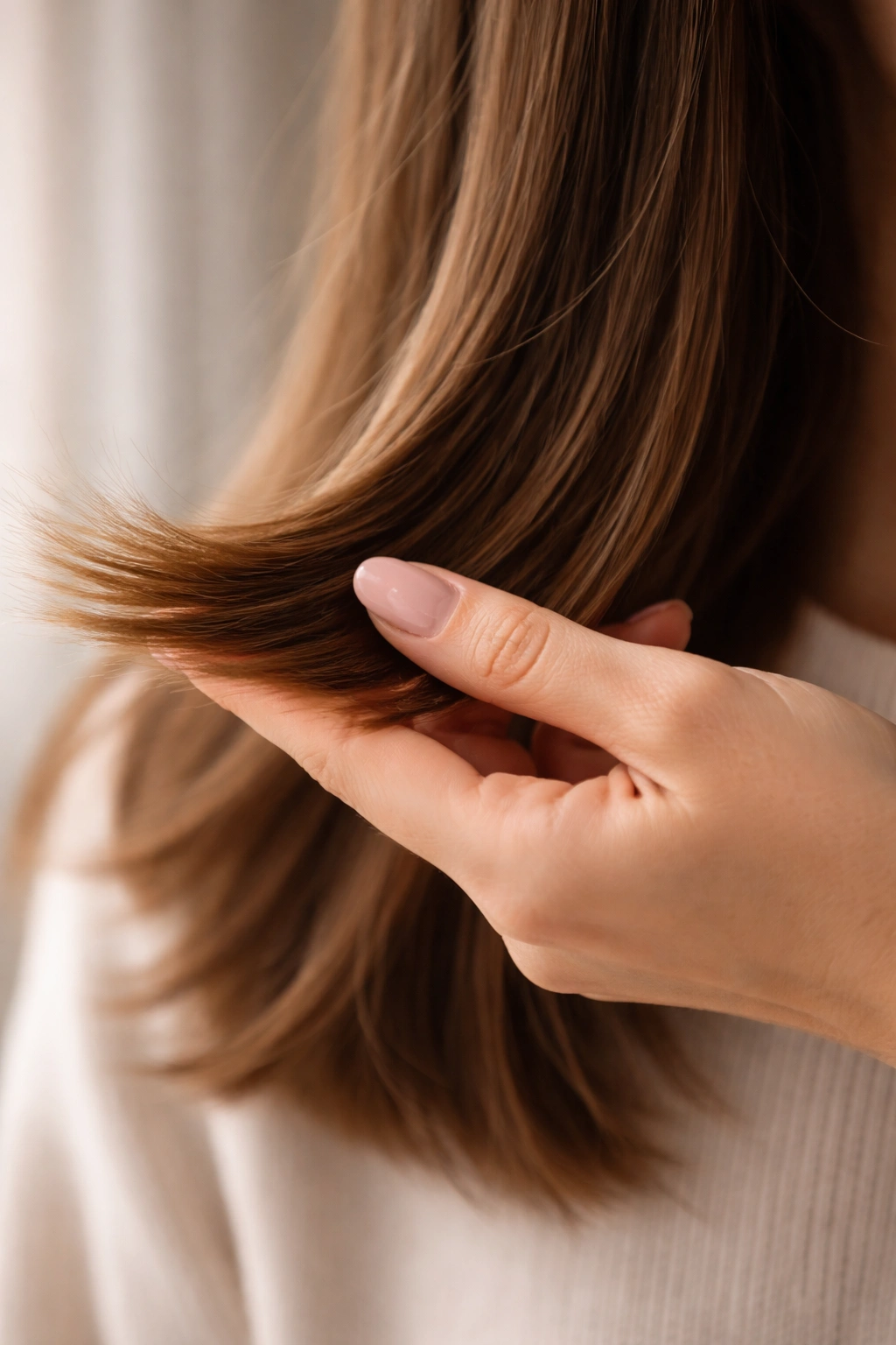 A Step By Step Guide To Trimming Your Own Hair 11 Hand running along hair ends to gauge evenness