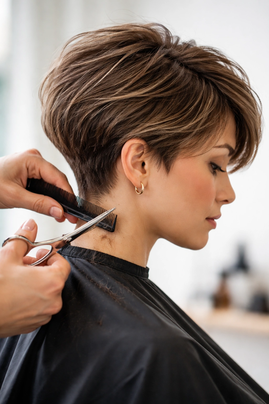 10 Short Haircuts That Grow Out Without Awkwardness 12 Side view during maintenance trim showing precise edge and short layers