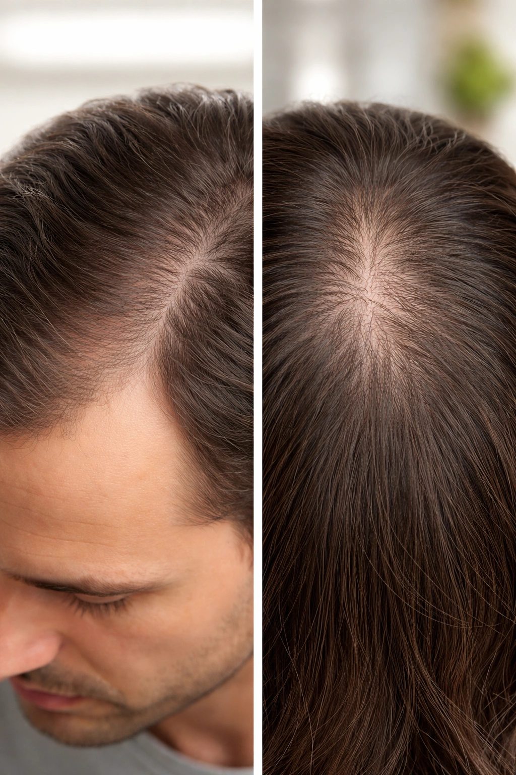 Scalp close-up showing male-pattern receding hairline and diffuse thinning