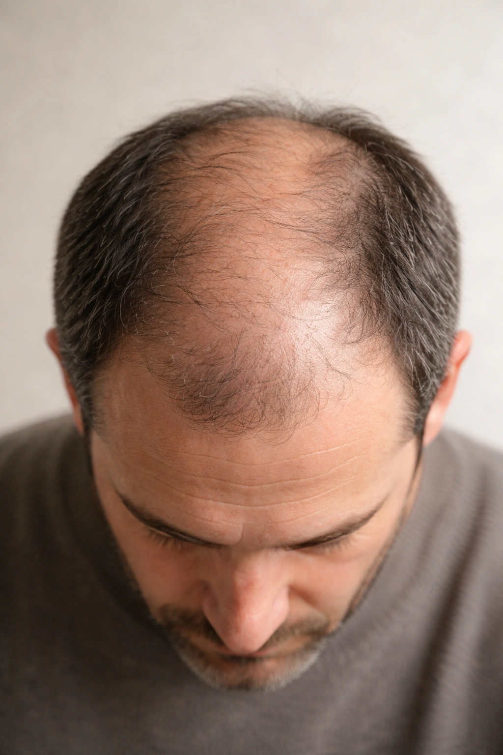 Male scalp with thinning crown illustrating pattern baldness