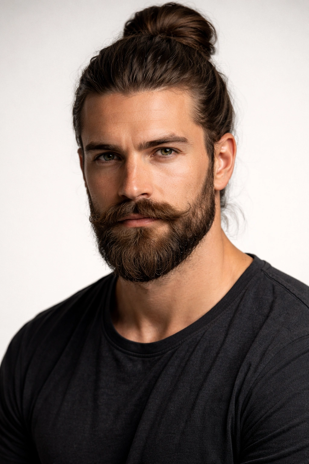 Portrait of a person with a man bun, full beard, and mustache in a studio.