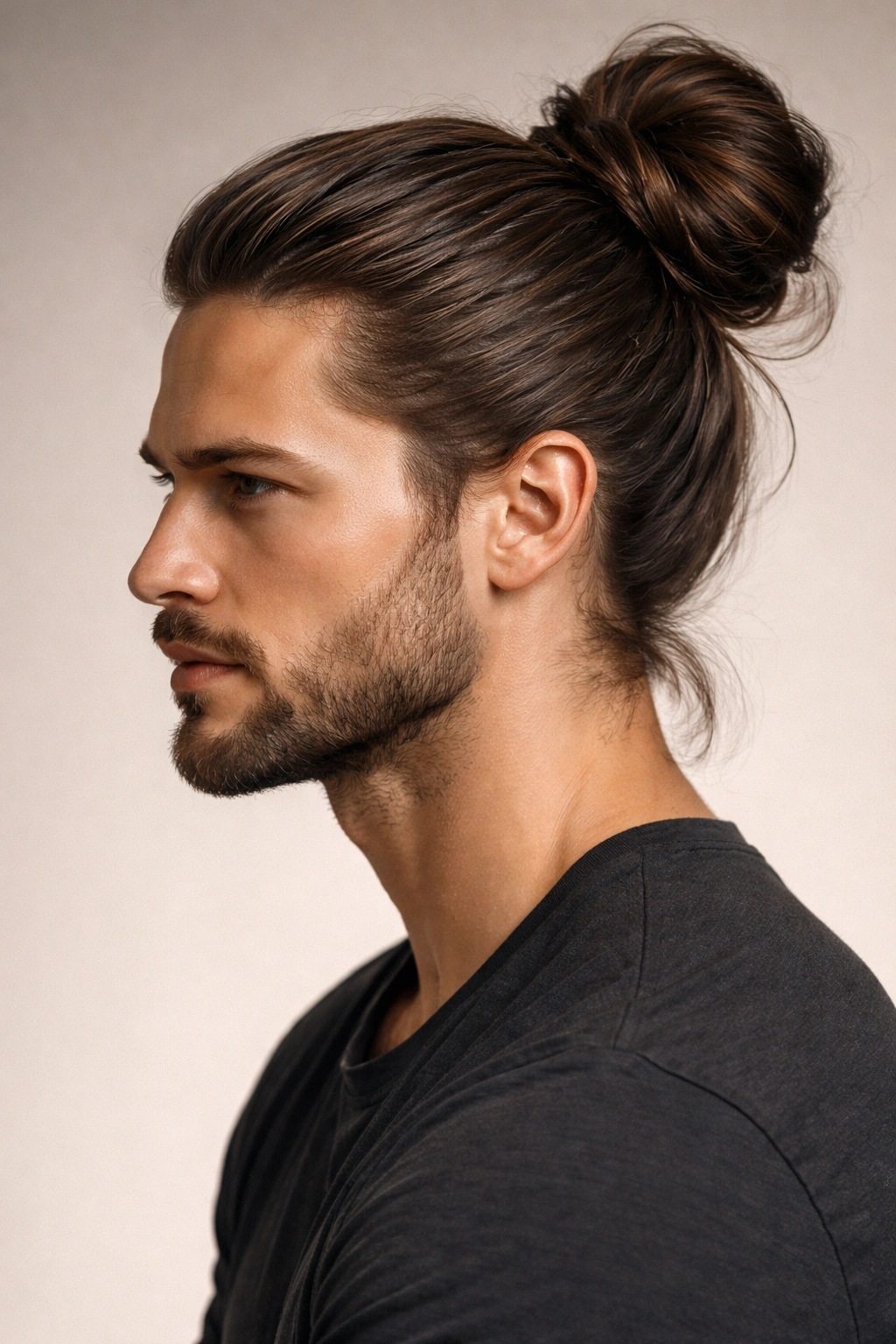 Man with high man bun in studio setting showing sleek hair coil