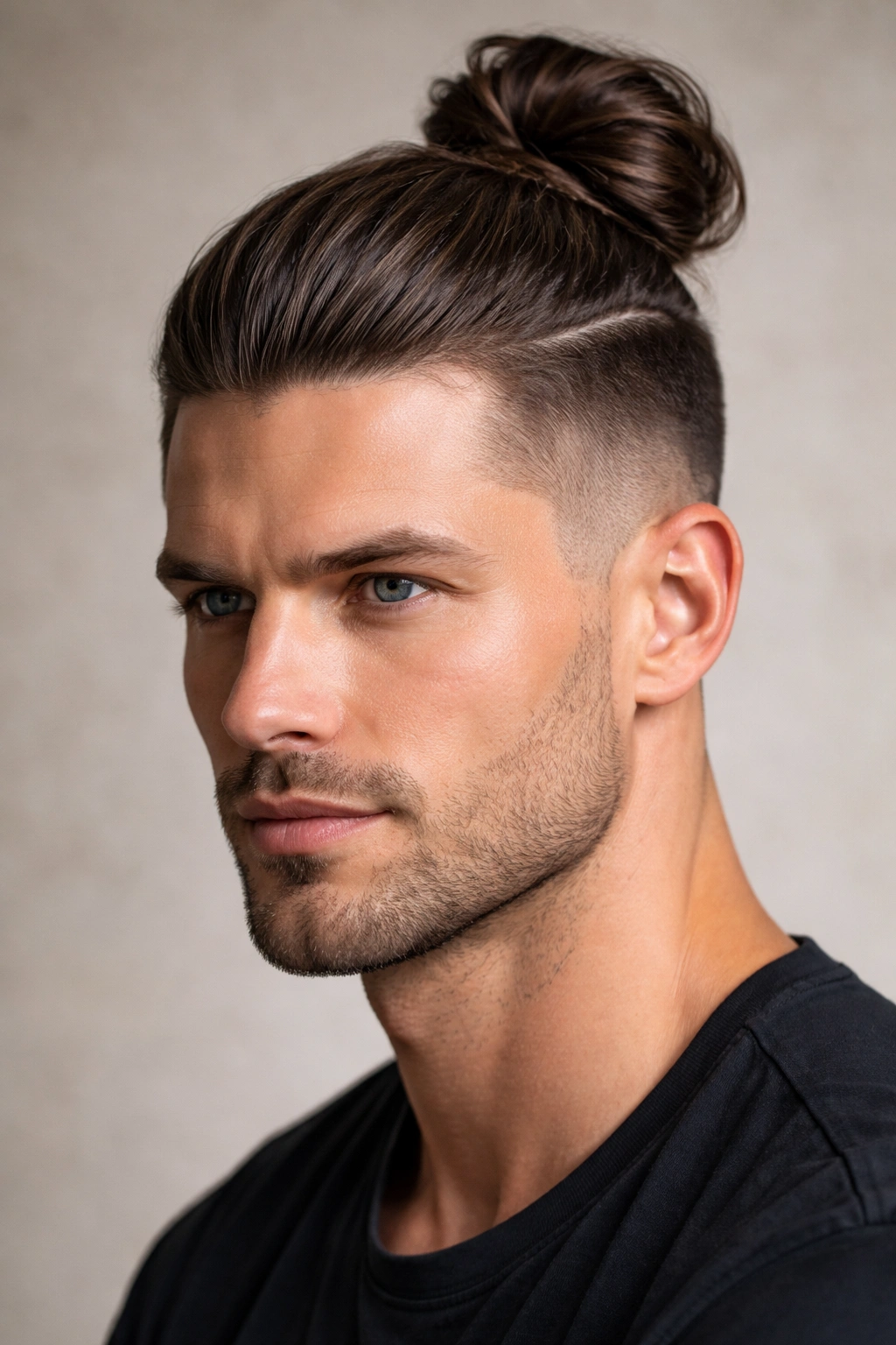 Close-up of a man with a high crown bun and undercut hairstyle