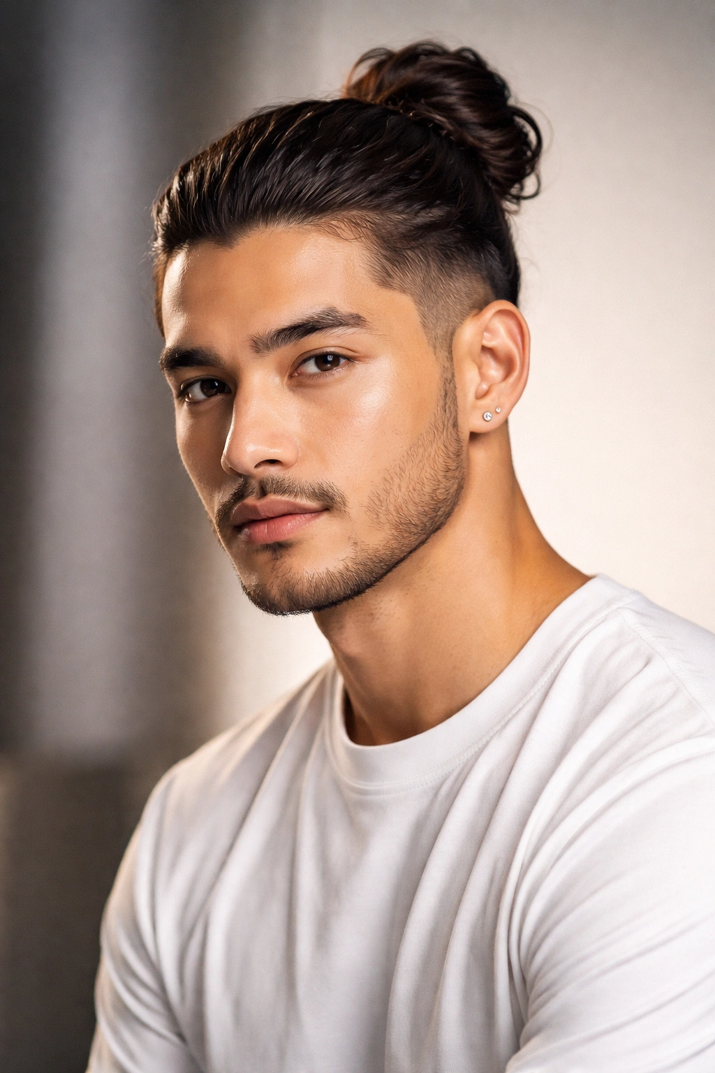 Portrait of a man with a neat man bun and faded sides