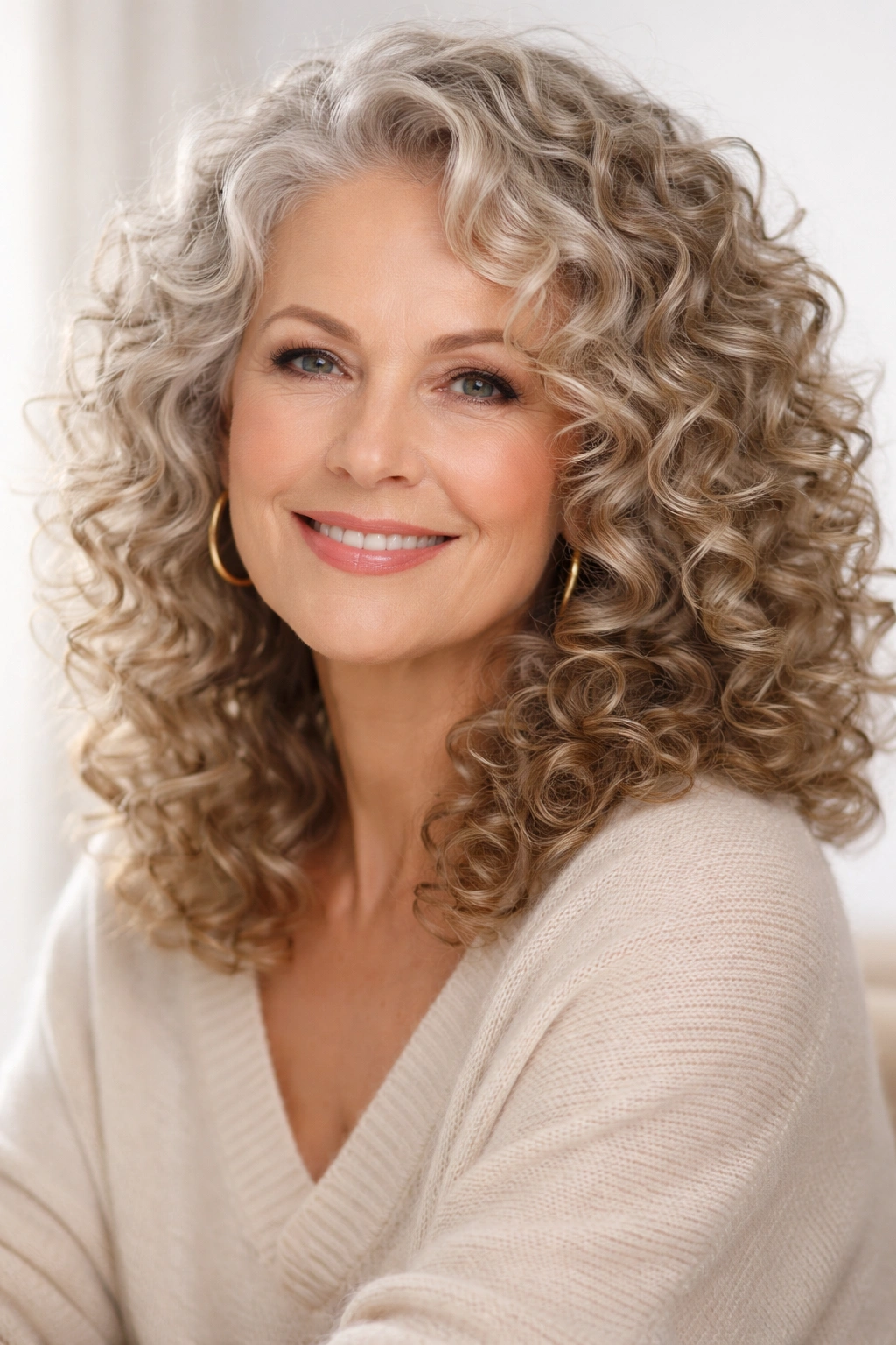 Mature woman with glossy, well-defined curls in studio