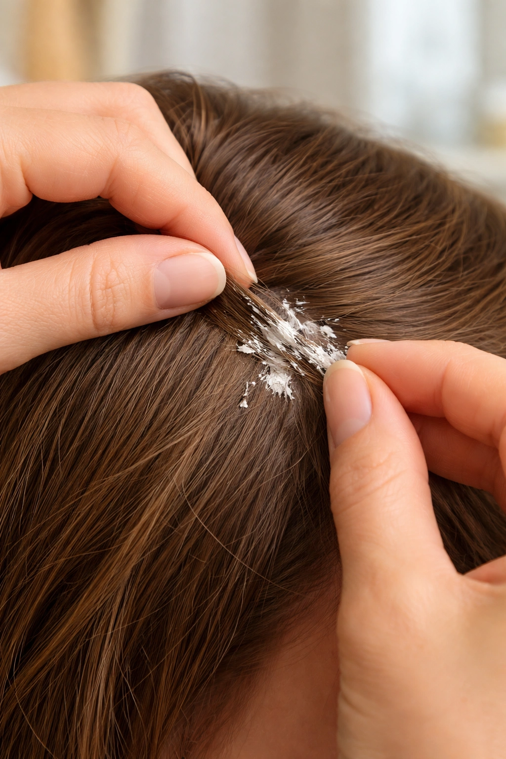 Close-up of hands removing dried paint from hair