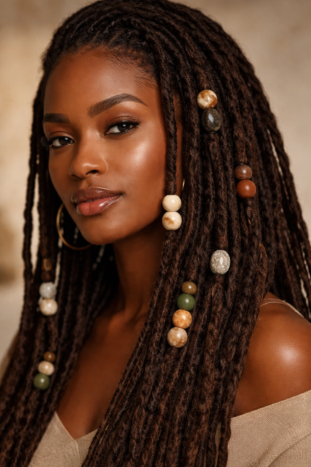 Locs with marble and stone beads in earthy tones