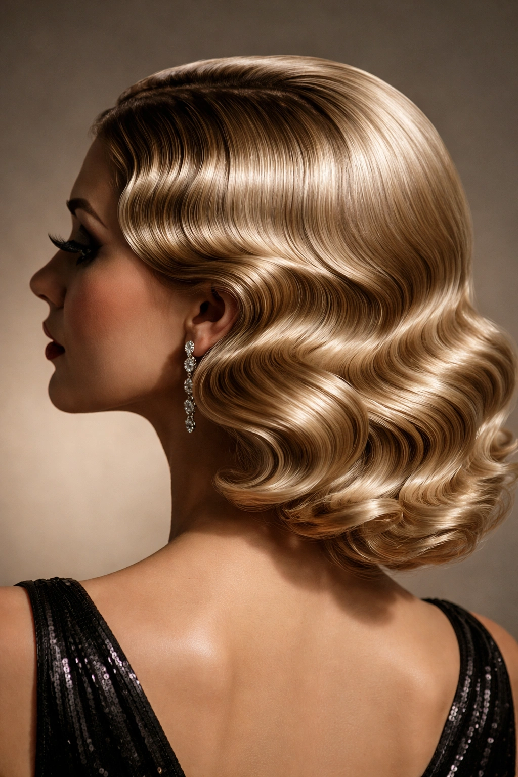 Close-up of deep Marcel waves with glossy finish