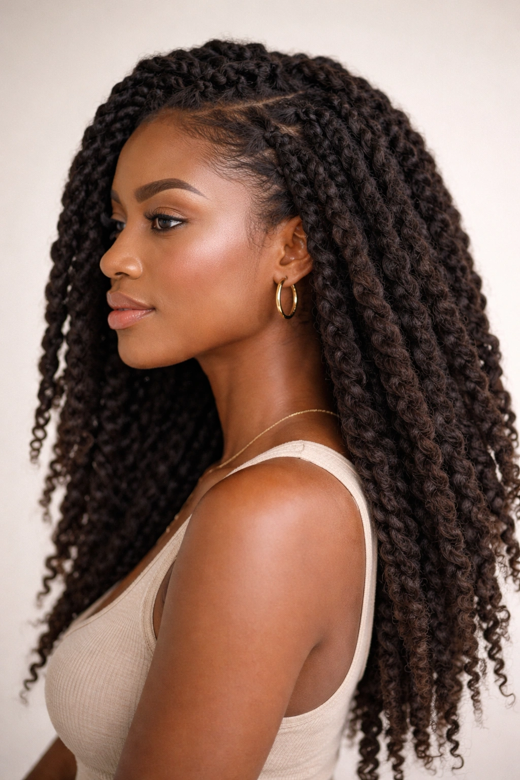Thick Marley twists blending with natural hair for a natural look.