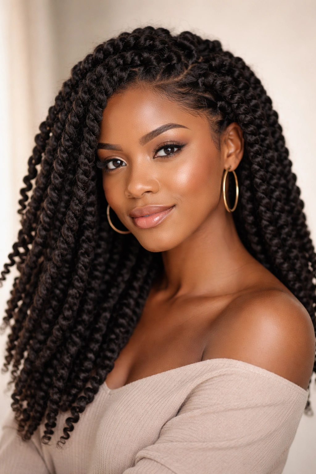 Close-up of Marley twists hairstyle showing thick, bouncy twists on natural hair.