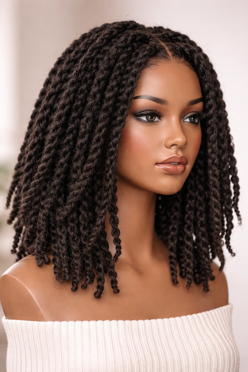 Shoulder-length Marley twists on a mannequin head