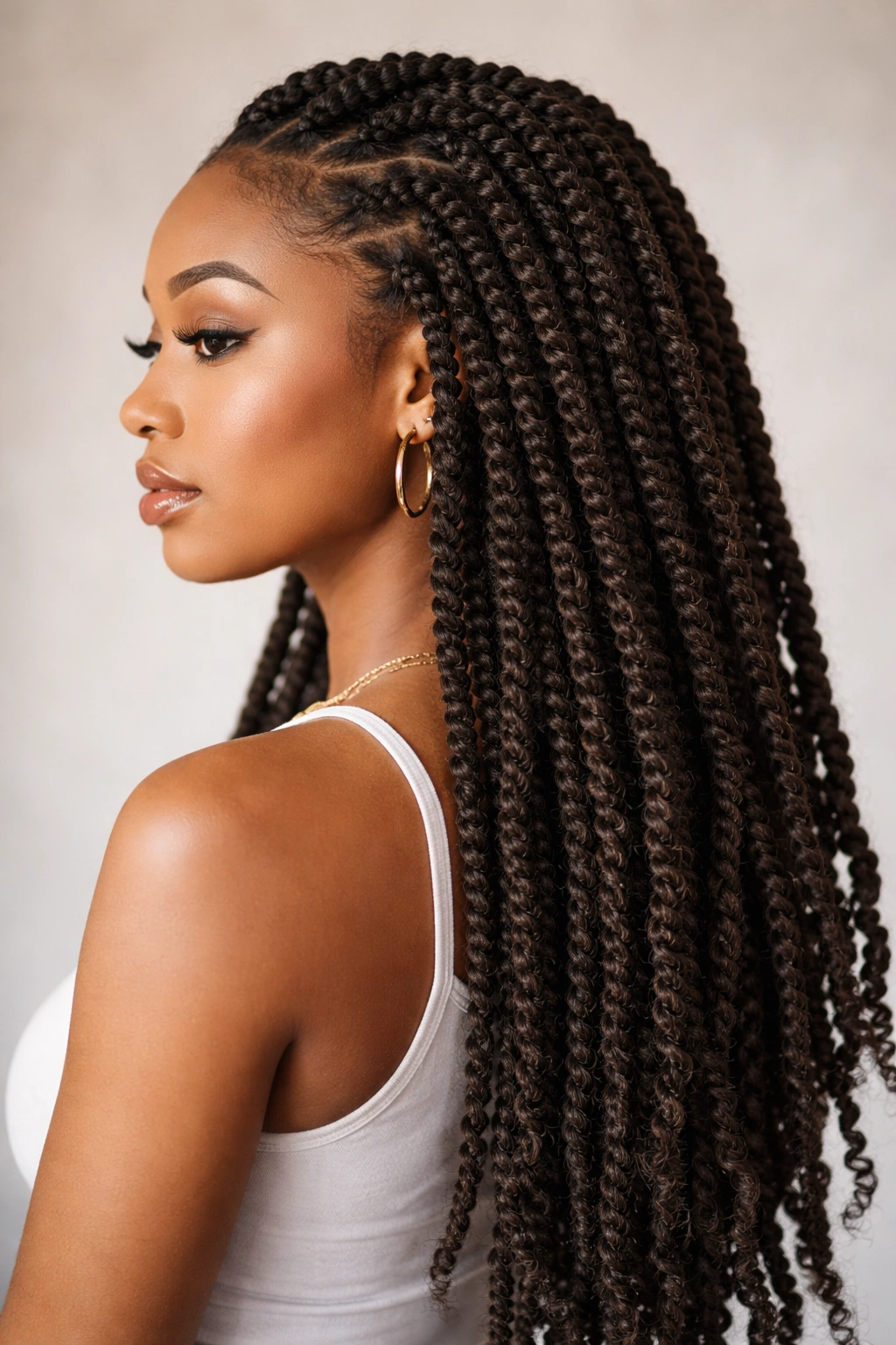 Side profile of head with Marley twists