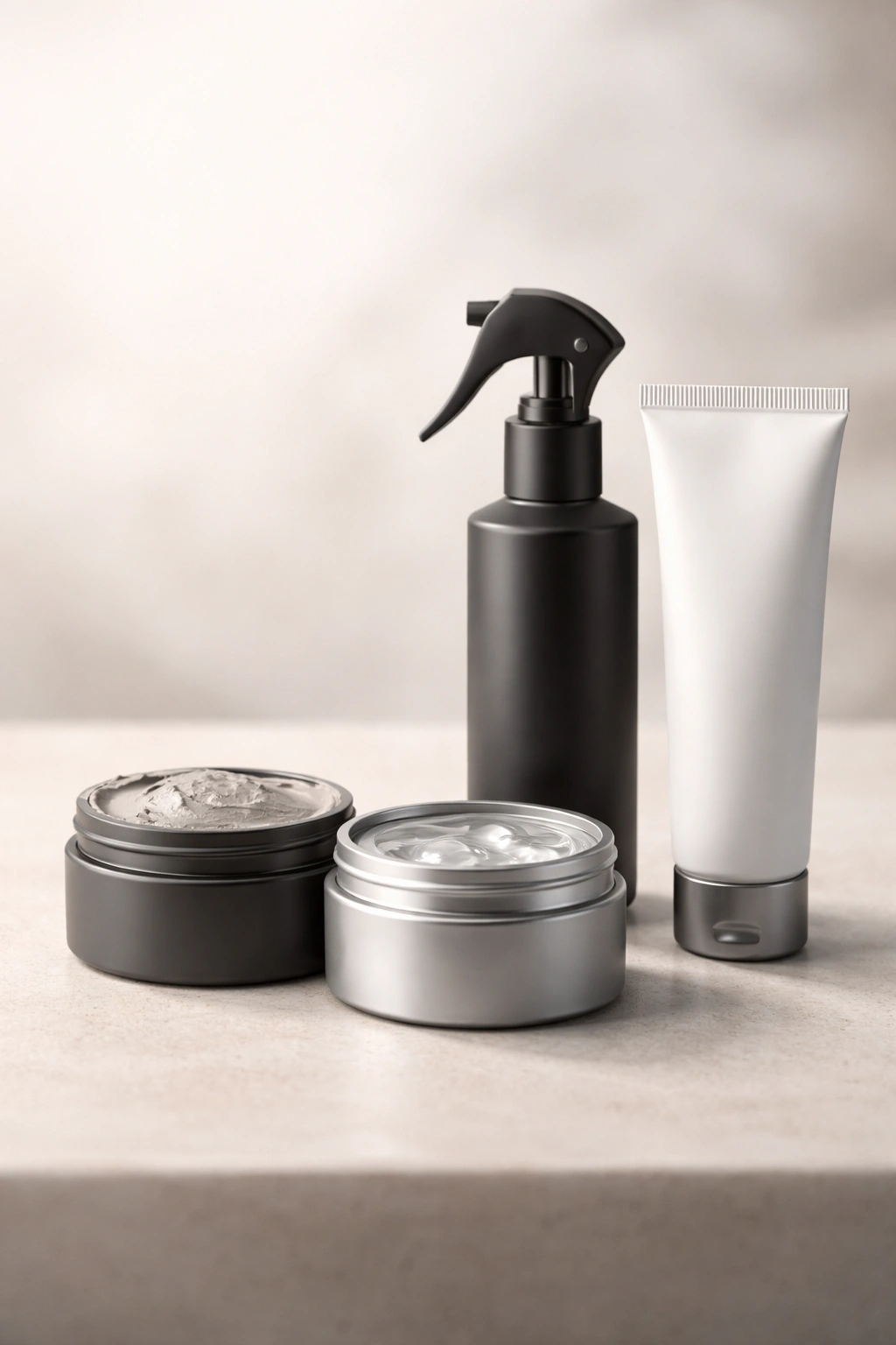 Unlabeled hair product containers with matte clay, pomade, sea salt spray, and styling cream