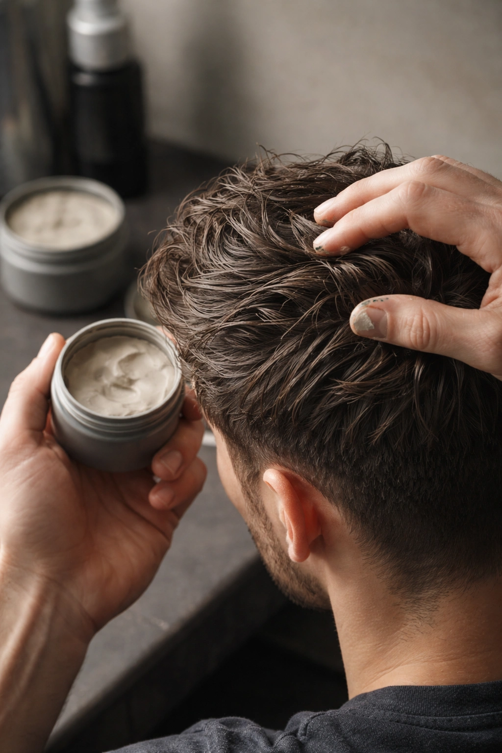 Hand applying matte clay to damp hair with unlabeled containers nearby